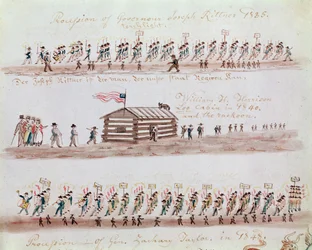 Three sketches depicting events in American history